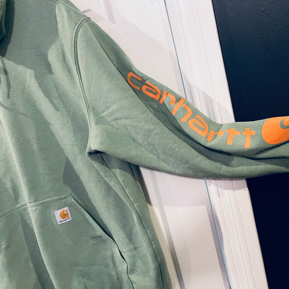 Carhartt Hooded Sweatshirt | Green /w Orange Logo | Durable Workwear - Picture 5 of 7